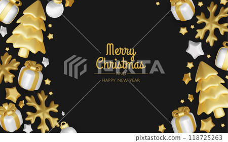 Happy New Year and Merry Christmas. Christmas holiday background with realistic 3d objects, xmas balls, metal stars, snowflake, gift box. Happy New Year and Merry Christmas. Christmas holiday background with realistic 3d objects, xmas balls, metal stars, snowflake, gift box. 118725263