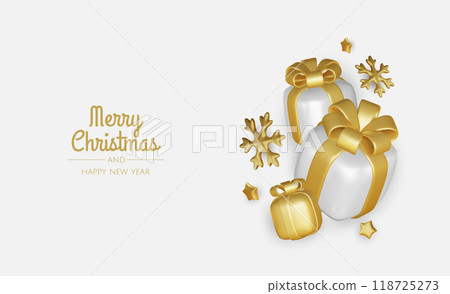 Happy New Year and Merry Christmas. Christmas holiday background with realistic 3d objects, xmas balls, metal stars, snowflake, gift box. Happy New Year and Merry Christmas. Christmas holiday background with realistic 3d objects, xmas balls, metal stars, snowflake, gift box. 118725273