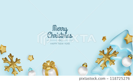 Happy New Year and Merry Christmas. Christmas holiday background with realistic 3d objects, xmas balls, metal stars, snowflake, gift box. Happy New Year and Merry Christmas. Christmas holiday background with realistic 3d objects, xmas balls, metal stars, snowflake, gift box. 118725276