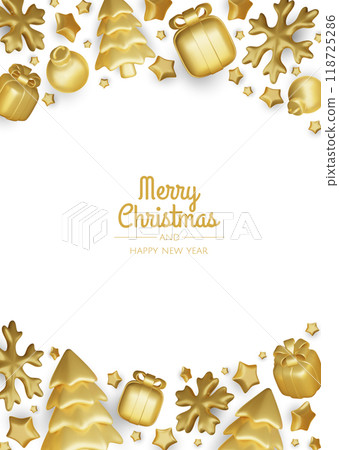 Happy New Year and Merry Christmas. Christmas holiday background with realistic 3d objects, xmas balls, metal stars, snowflake, gift box. 118725286