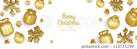 Happy New Year and Merry Christmas. Christmas holiday background with realistic 3d objects,gold and red bauble balls, conical metal stars. Levitation falling design composition. 118725299