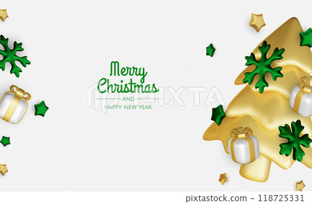 Happy New Year and Merry Christmas. Christmas holiday background with realistic 3d objects,gold and red bauble balls, conical metal stars. Levitation falling design composition. Happy New Year and Merry Christmas. Christmas holiday background with realistic 3d objects,gold and red bauble balls, conical metal stars. Levitation falling design composition. 118725331