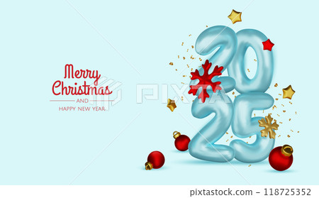 2025 Realistic glossy number. Happy New Year and Merry Christmas 2025. Greeting card. Vector 3d rendering. 2025 Realistic glossy number. Happy New Year and Merry Christmas 2025. Greeting card. Vector 3d rendering. 118725352