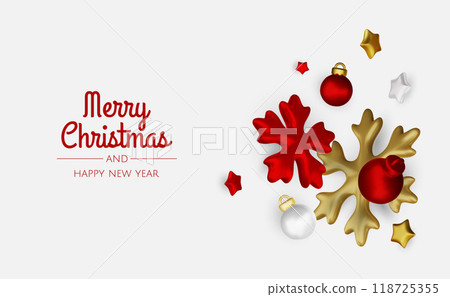 Christmas winter festive composition. Colorful Xmas background realistic 3d decorative design objects, christmas tree, gift boxes, xmas ball, gold confetti. Happy New Year. Vector illustration Christmas winter festive composition. Colorful Xmas background realistic 3d decorative design objects, christmas tree, gift boxes, xmas ball, gold confetti. Happy New Year. Vector illustration 118725355