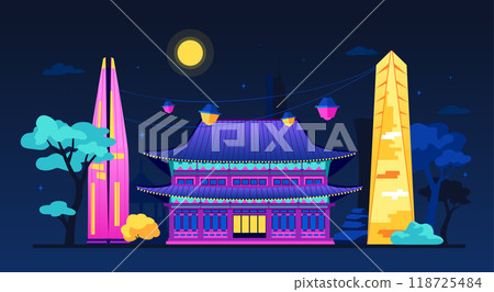 Night in eclectic Korea - modern colored vector illustration 118725484