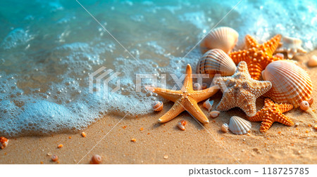 Sea, ocean landscape, many different shells, starfish and ocean inhabitants - AI generated image Sea, ocean landscape, many different shells, starfish and ocean inhabitants - AI generated image 118725785