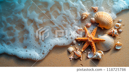 Sea, ocean landscape, many different shells, starfish and ocean inhabitants - AI generated image Sea, ocean landscape, many different shells, starfish and ocean inhabitants - AI generated image 118725786