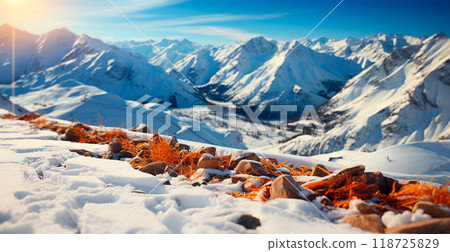 Snowy Alpine mountains, beautiful winter landscape, panorama - AI generated image 118725829