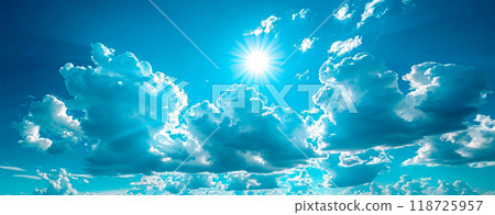 Blue sky with bright sun as abstract panoramic background - AI generated image 118725957