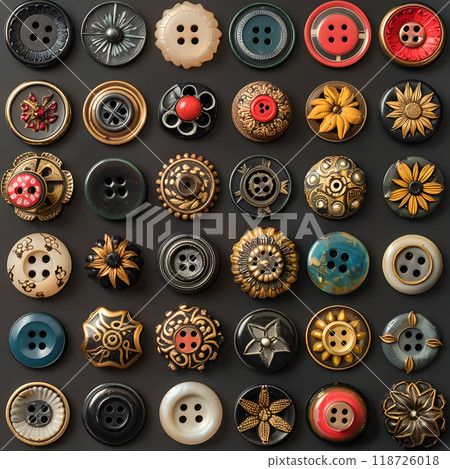 A collection of vintage buttons displayed on a dark background showcasing various styles, shapes, and vibrant colors perfect for crafting projects 118726018