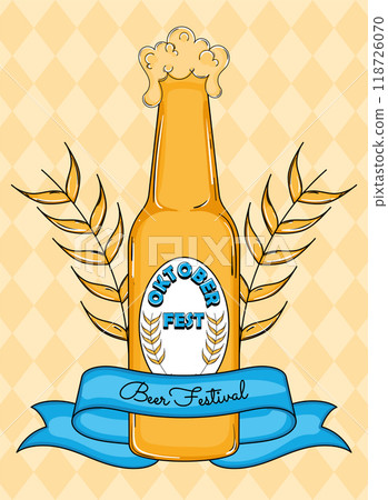 Oktoberfest beer bottle with wheat and blue ribbon, Vector Oktoberfest beer bottle with wheat and blue ribbon, Vector 118726070