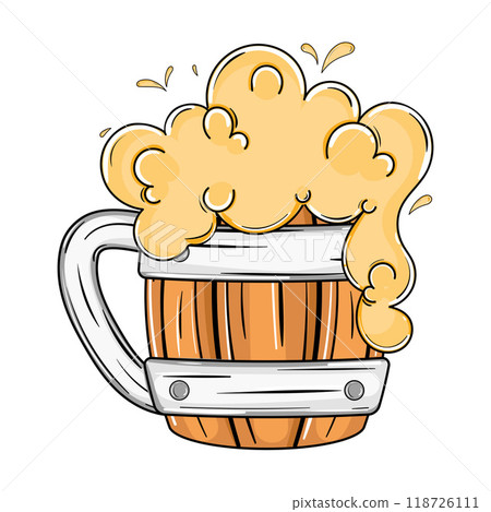 Wooden beer mug with metal accents and foam overflow, Vector Wooden beer mug with metal accents and foam overflow, Vector 118726111