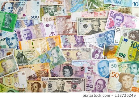 Stack of international banknotes 118726249