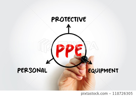 PPE - Personal Protective Equipment - protective clothing, helmets, goggles, or other garments or equipment designed to protect the wearer's body from injury or infection, acronym concept background 118726305