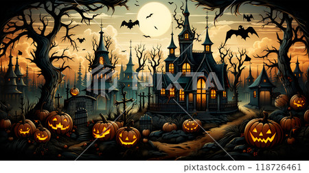 Close-up of carved Halloween pumpkins, gloomy festive background - AI generated image 118726461