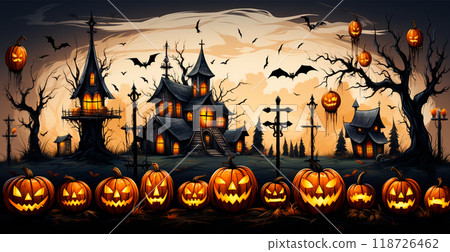 Close-up of carved Halloween pumpkins, gloomy festive background - AI generated image 118726462