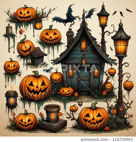 Close-up of carved Halloween pumpkins, gloomy festive background - AI generated image 118726463