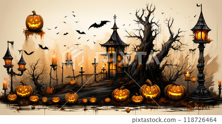 Close-up of carved Halloween pumpkins, gloomy festive background - AI generated image 118726464