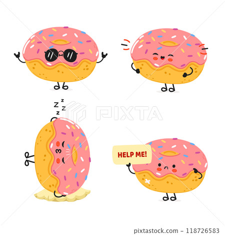 Funny Doughnut characters bundle set. Vector hand drawn doodle style cartoon character illustration icon design. Cute Doughnut mascot character collection 118726583