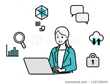 Illustration of a female business person operating a computer 118726630