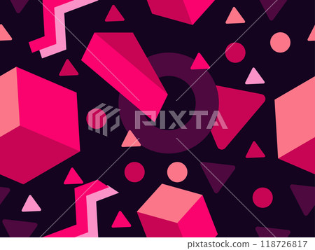 Seamless pattern with 3d geometric shapes in 80s memphis style. Colorful background with isometric geometric shapes. Design for wallpapers, wrappers, covers and banners. Vector illustration Seamless pattern with 3d geometric shapes in 80s memphis style. Colorful background with isometric geometric shapes. Design for wallpapers, wrappers, covers and banners. Vector illustration 118726817