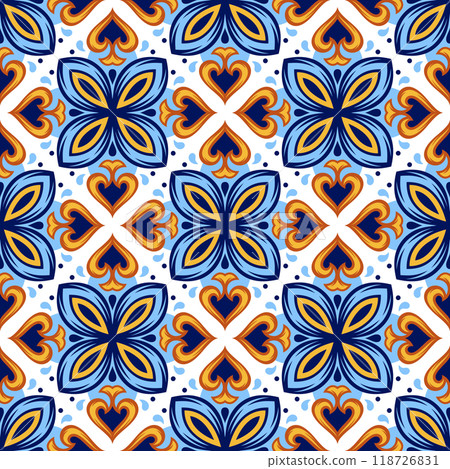 Portuguese ceramic tile pattern. Mediterranean traditional ornament. Italian or spanish majolica. 118726831