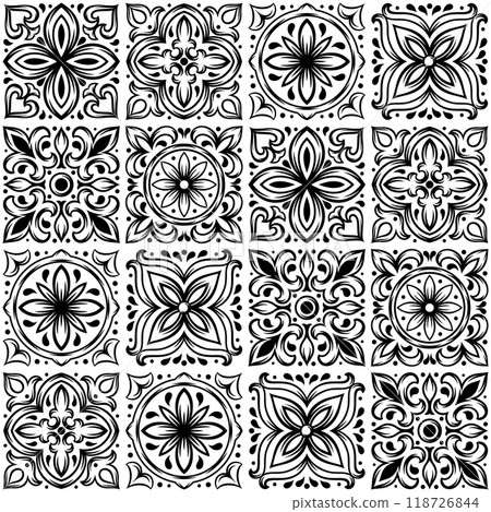 Portuguese ceramic tile pattern. Mediterranean traditional ornament. Italian or spanish majolica. 118726844