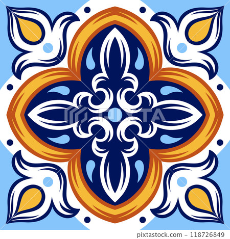 Portuguese ceramic tile pattern. Mediterranean traditional ornament. Italian or spanish majolica. 118726849