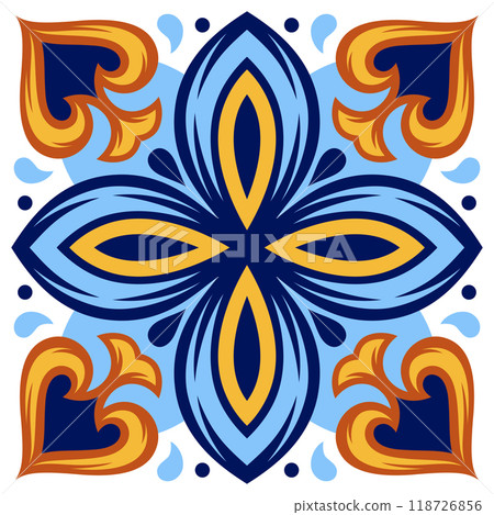 Portuguese ceramic tile pattern. Mediterranean traditional ornament. Italian or spanish majolica. Portuguese ceramic tile pattern. Mediterranean traditional ornament. Italian or spanish majolica. 118726856