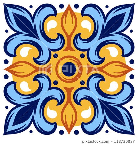 Portuguese ceramic tile pattern. Mediterranean traditional ornament. Italian or spanish majolica. Portuguese ceramic tile pattern. Mediterranean traditional ornament. Italian or spanish majolica. 118726857