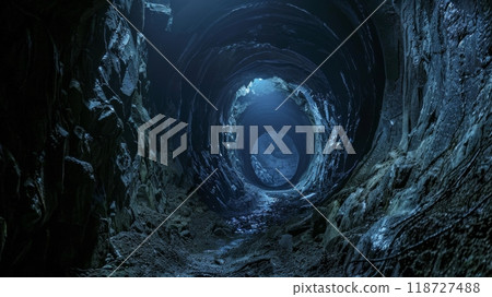 Mysterious cave tunnel with ethereal lighting 118727488