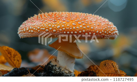 Close-up of a fly agaric mushroom among autumn leaves 118727495