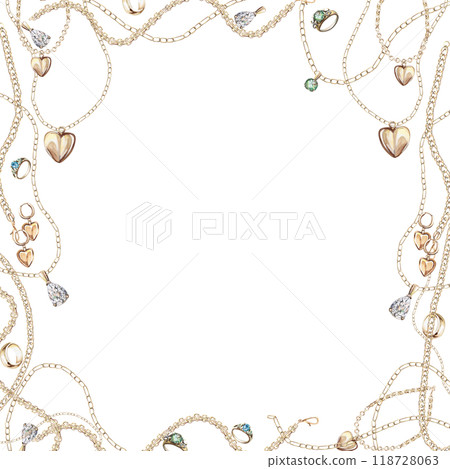 Square frame with chains, pendants, charms, rings in realistic style. Isolated watercolor illustration for magazine design, web pages, jewelry blogs, fair and sales posters Square frame with chains, pendants, charms, rings in realistic style. Isolated watercolor illustration for magazine design, web pages, jewelry blogs, fair and sales posters 118728063