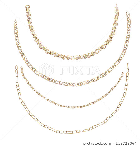 Set of curved semicircle chains in realistic style. Isolated watercolor illustration for design of magazines, web pages, jewelry blogs, fair and sales posters Set of curved semicircle chains in realistic style. Isolated watercolor illustration for design of magazines, web pages, jewelry blogs, fair and sales posters 118728064