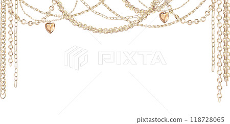 Rectangular frame with curved chains, pendants and bracelets in realistic style. Isolated watercolor illustration for magazine design, web pages, jewelry blogs, fair and sales posters Rectangular frame with curved chains, pendants and bracelets in realistic style. Isolated watercolor illustration for magazine design, web pages, jewelry blogs, fair and sales posters 118728065