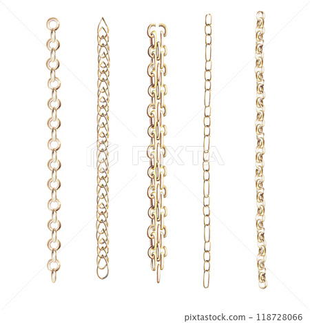 Set of four gold chains. Isolated watercolor illustration for jewelry magazine design, websites, pattern creation Set of four gold chains. Isolated watercolor illustration for jewelry magazine design, websites, pattern creation 118728066