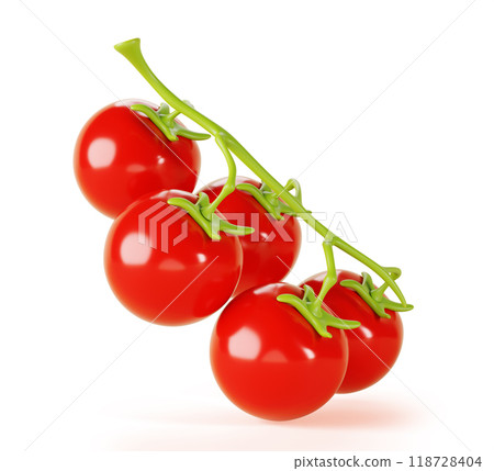 3d tomato cherry on branch render icon. Red tomatoes with green stalk, design element isolated on white background. Realistic pomodoro bunch, raw organic farm vegetable, healthy food. 3D illustration 118728404