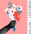 Hand with pink flowers bouquet in collage vector card illustration 118728656