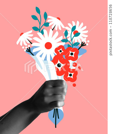 Hand with pink flowers bouquet in collage vector card illustration 118728656