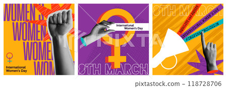 Womens Day 8th march in trendy collage mixed media 90s collection design 118728706