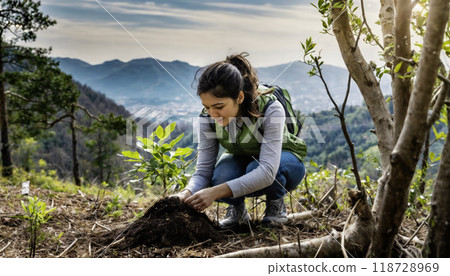 Young woman planting tree sapling in mountain forest Young woman planting tree sapling in mountain forest 118728969