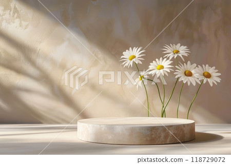 A beautiful podium featuring daisies arranged in a vase on a table. AI-generated content. 118729072