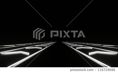3d Render, Futuristic racing track way with white neon glowing on dark background, abstract speed trail rays. 118729086