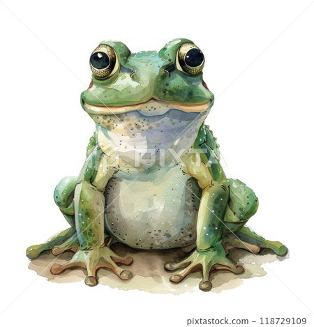 A green frog with big eyes sits on a white background. 118729109