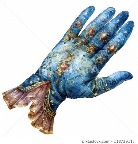 A hand wearing a blue, jeweled glove with intricate embroidery and a pink ruffled cuff. 118729113