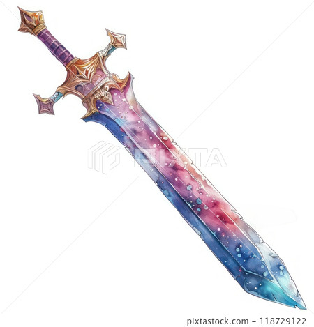 A magical sword with a celestial design, featuring a glittering blade with hues of blue, pink and purple. 118729122