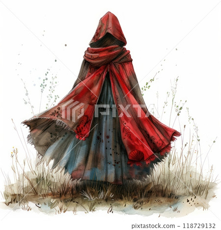 A mysterious figure in a red hooded cloak stands in a field of tall grass, with a haunting and ethereal feel. 118729132