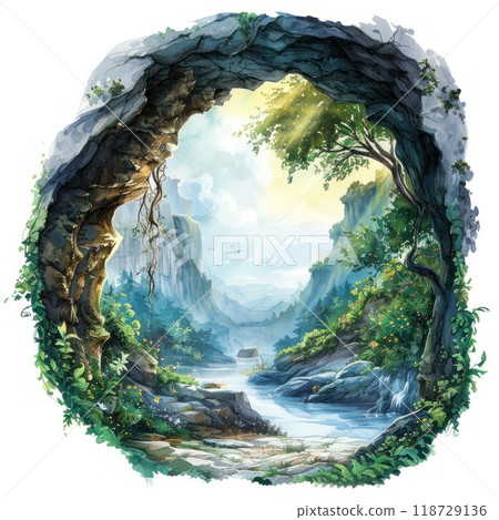 A picturesque view of a river winding through a mountain valley, framed by a rock archway and lush foliage. 118729136