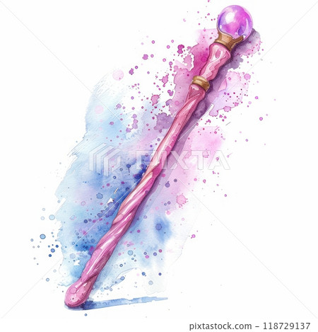 A pink and purple magic wand with a crystal top, against a watercolor background. 118729137