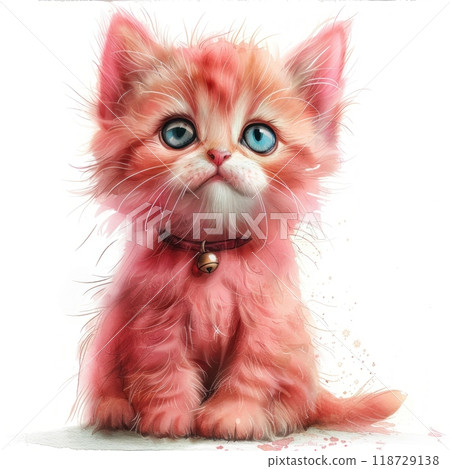 A pink kitten with blue eyes and a bell collar sits on a white background. 118729138